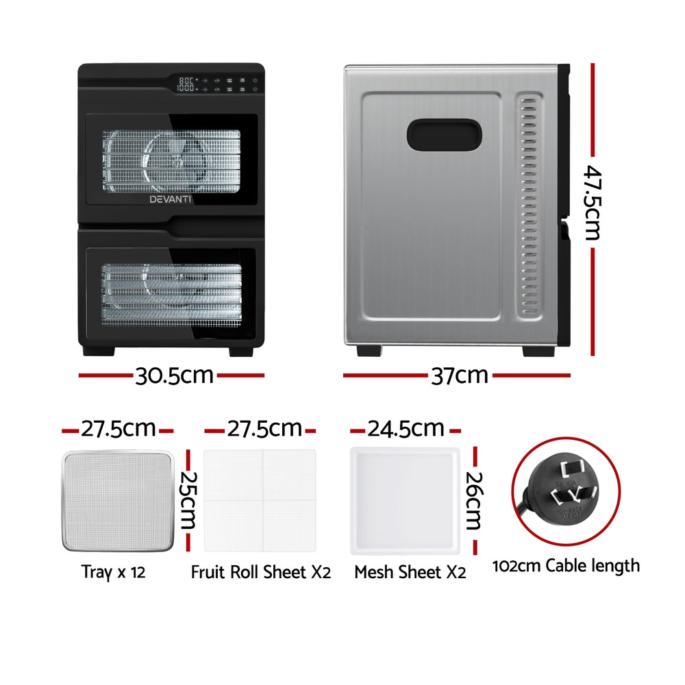 Devanti Food Dehydrator | 12 Trays | Dual-Zone | Stainless Steel | Fruit Jerky Dryer