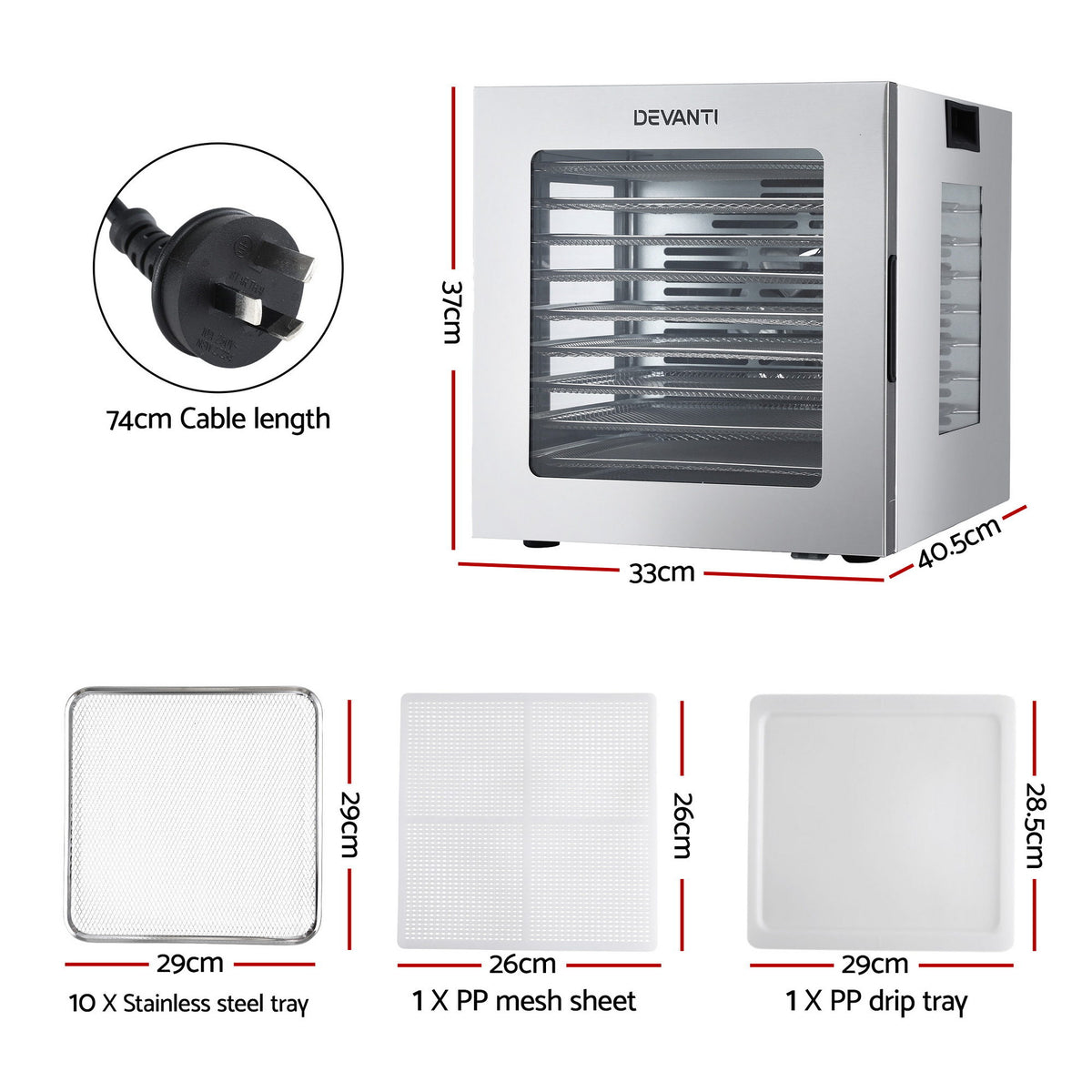 Food Dehydrator | 10 Trays | Stainless Steel | Glass Door | 850W