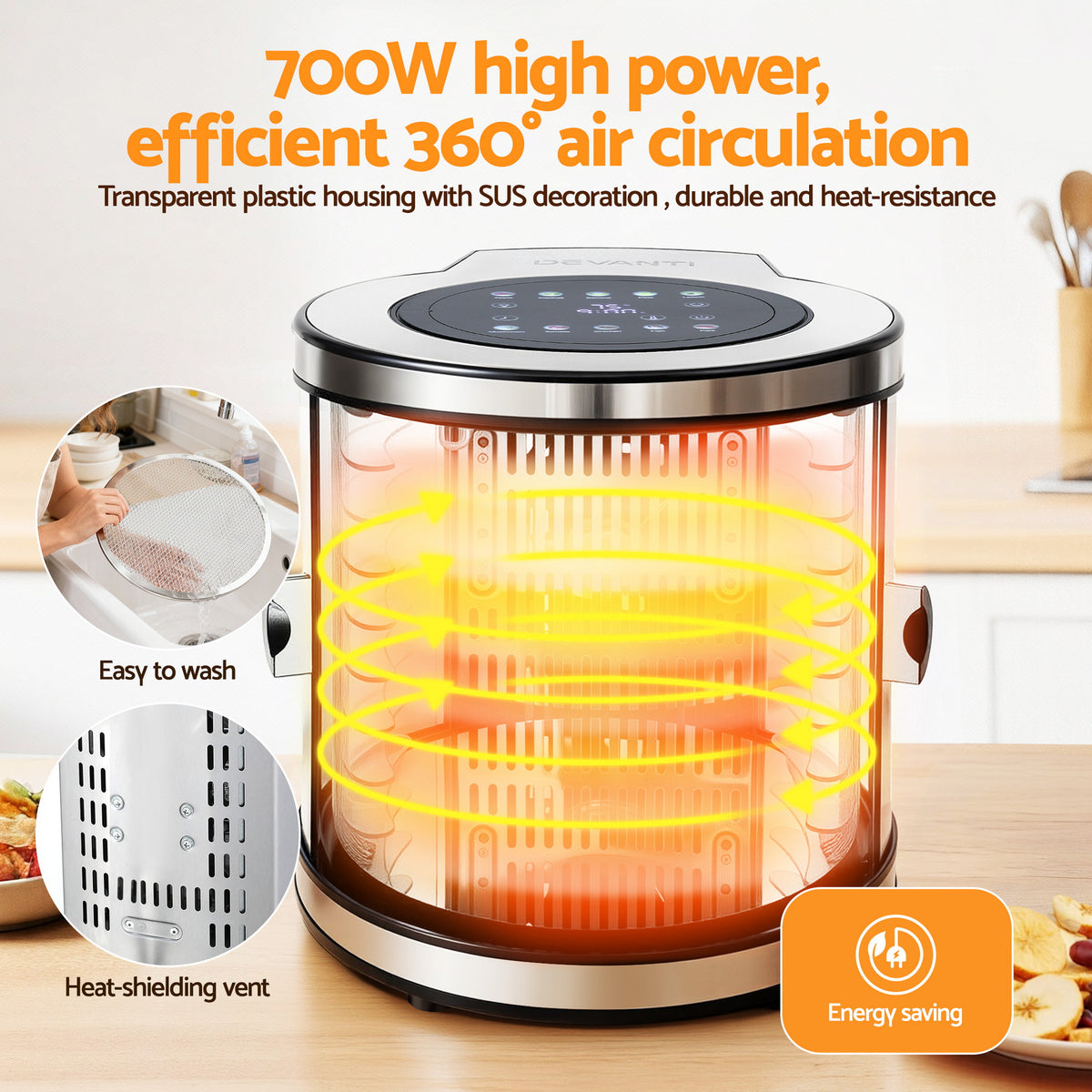 Food Dehydrator | 8 Trays | Stainless Steel | Auto-Rotate | 700W | 10 Programs