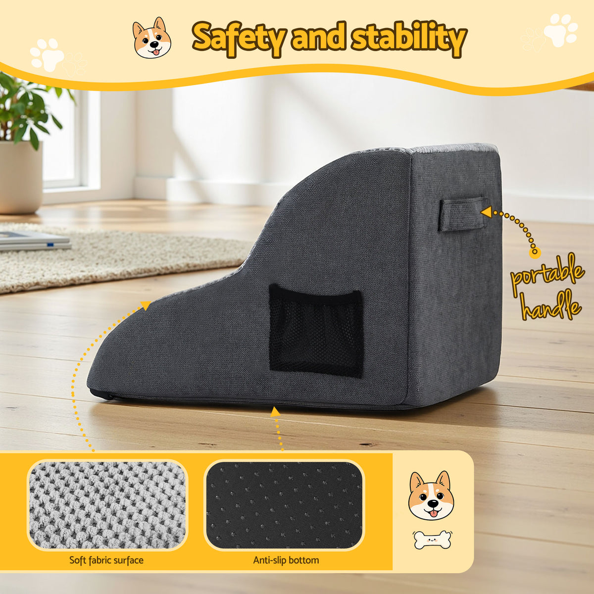 Pet Ramp Stairs | 2 Steps | Foam Non-Slip | Small Dogs & Cats | Bed/Sofa/Car
