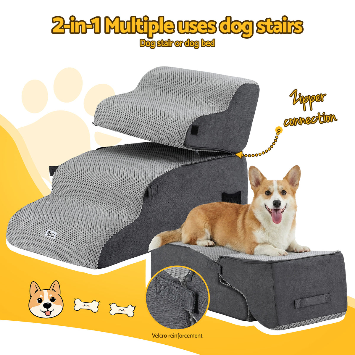 2-in-1 Pet Stairs + Bed | Foam Non-Slip | Washable Cover | Indoor | Grey