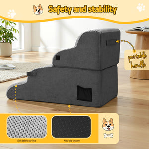 2-in-1 Pet Stairs + Bed | Foam Non-Slip | Washable Cover | Indoor | Grey