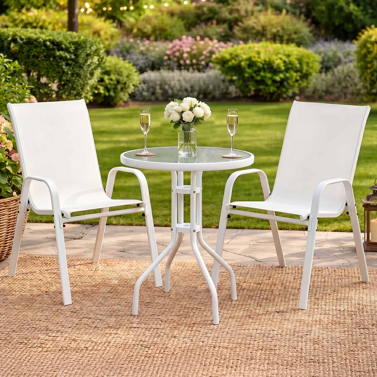 Outdoor Bistro Set | 3 Piece Stackable Table & Chairs | White