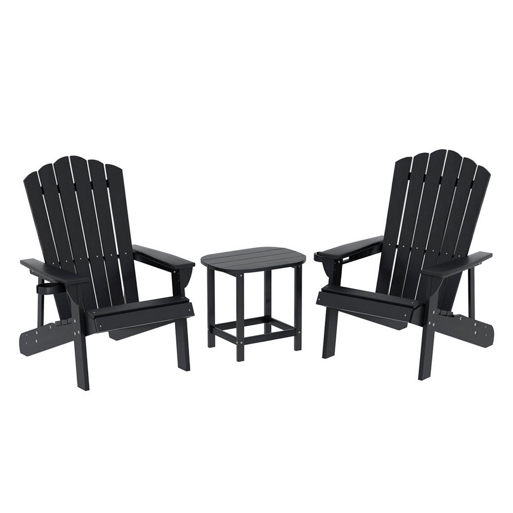 Outdoor Table & Chairs | HDPE Adirondack Beach Set | Sun Lounge Patio Furniture | Black