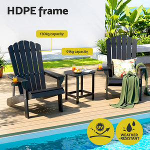 Outdoor Table & Chairs | HDPE Adirondack Beach Set | Sun Lounge Patio Furniture | Black