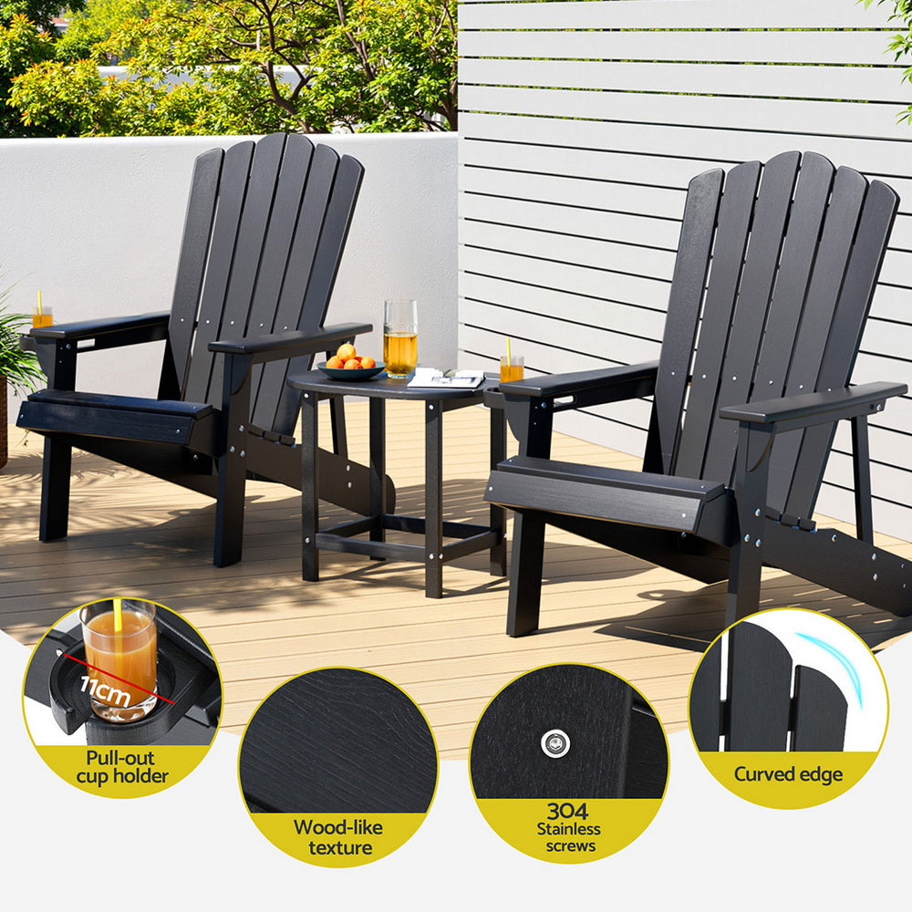 Outdoor Table & Chairs | HDPE Adirondack Beach Set | Sun Lounge Patio Furniture | Black