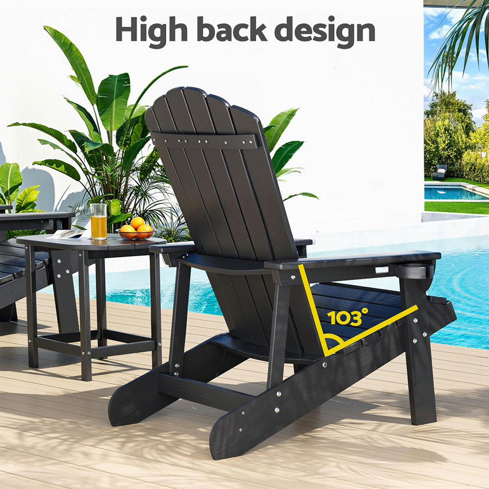 Outdoor Table & Chairs | HDPE Adirondack Beach Set | Sun Lounge Patio Furniture | Black