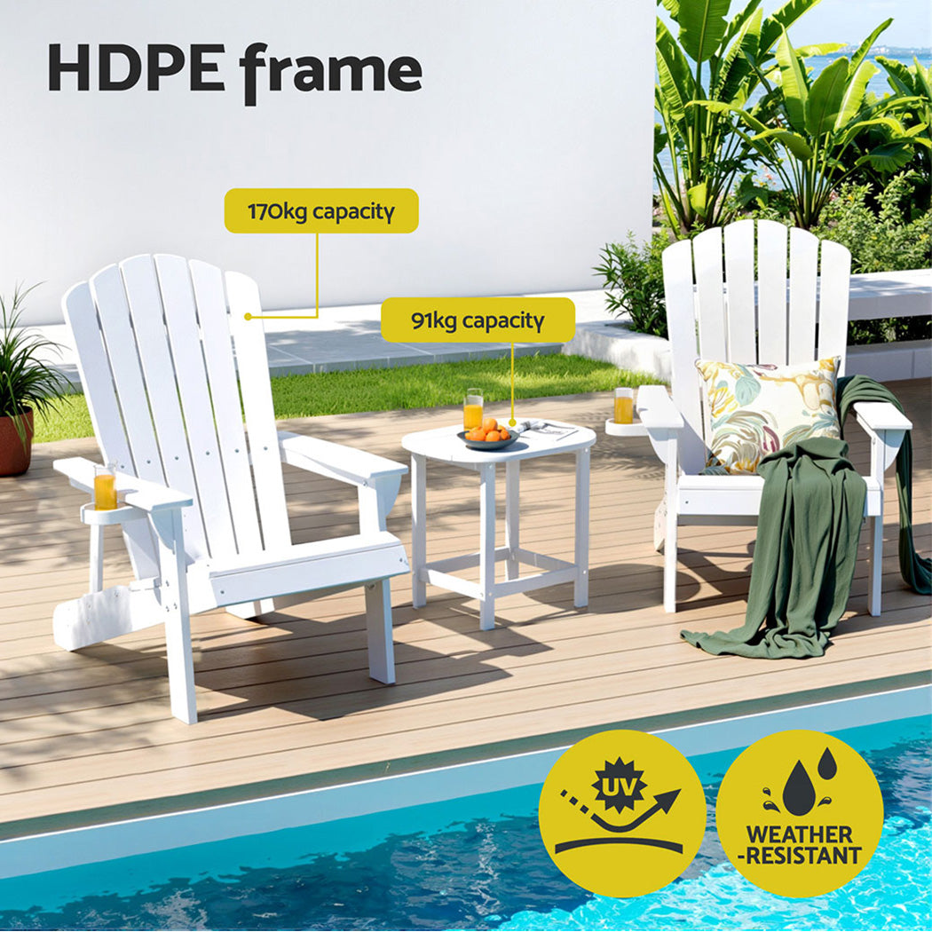 Outdoor Table & Chairs | HDPE Adirondack Beach Set | Sun Lounge Patio Furniture | White