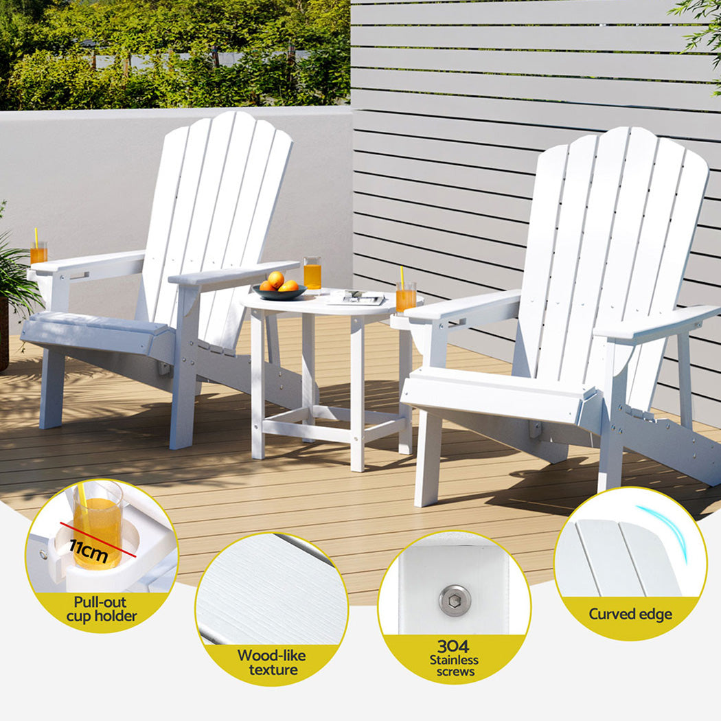 Outdoor Table & Chairs | HDPE Adirondack Beach Set | Sun Lounge Patio Furniture | White