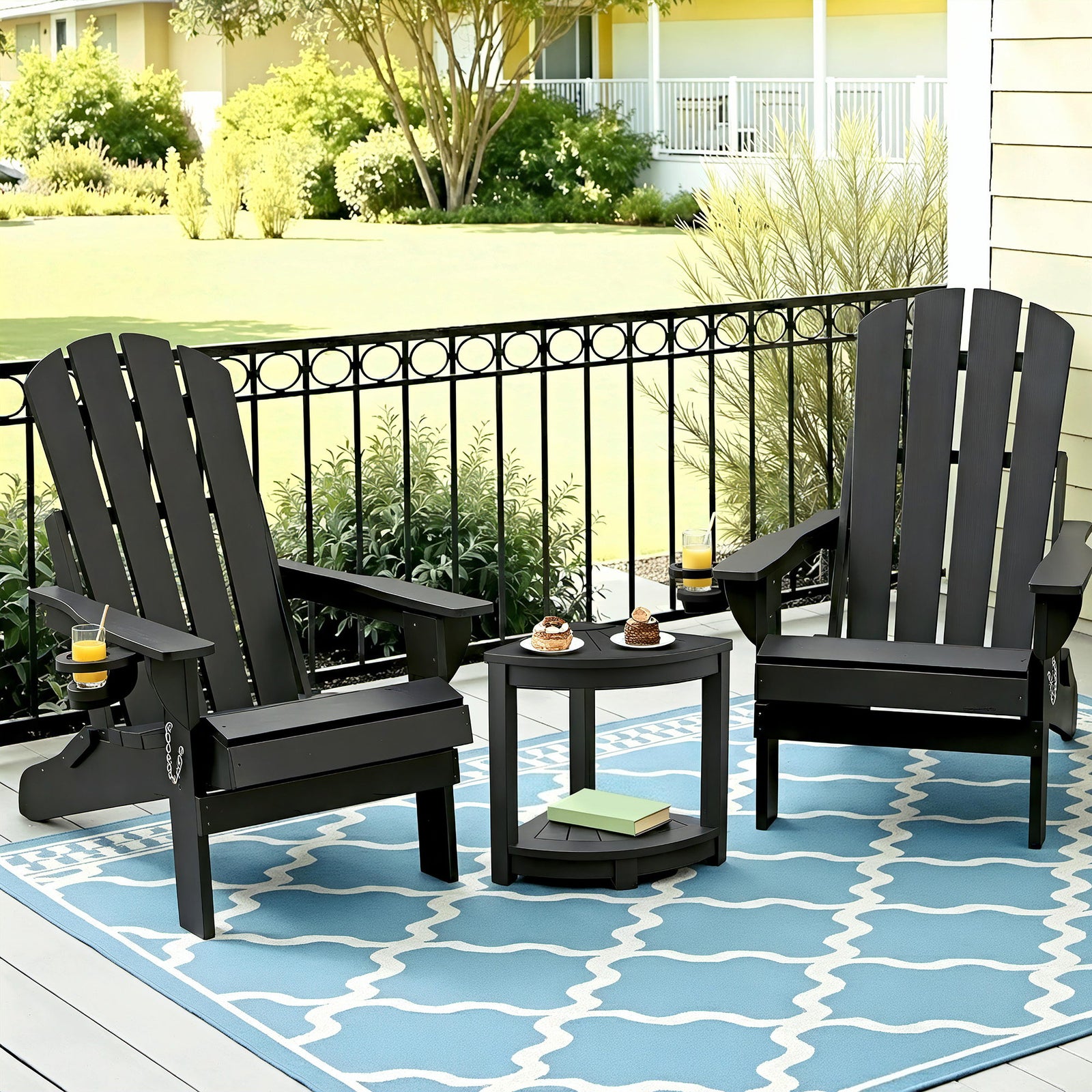 Outdoor Table & Chairs Set | HDPE Folding Adirondack Patio Furniture | Black