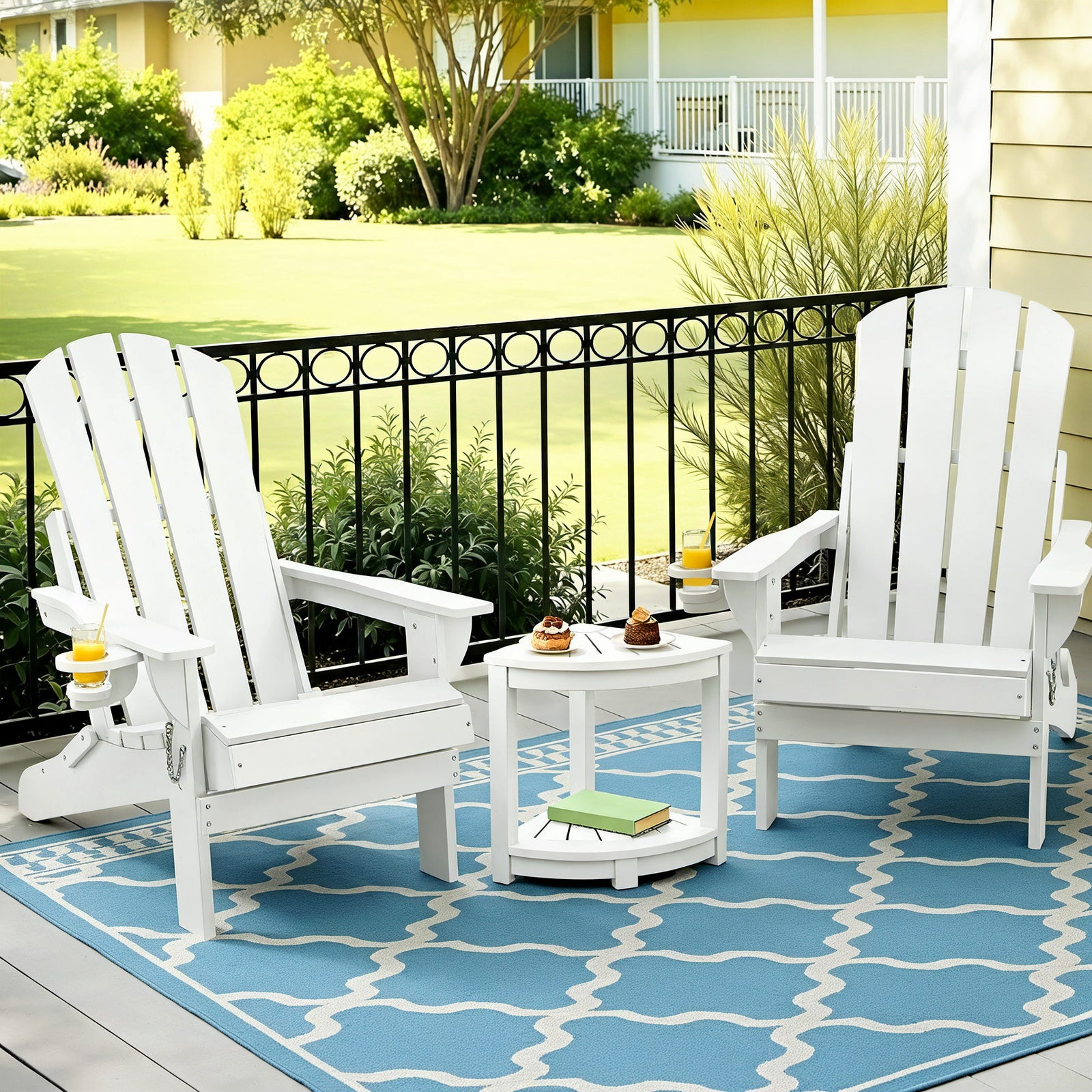 Outdoor Table & Chairs Set | HDPE Folding Adirondack Patio Furniture | White