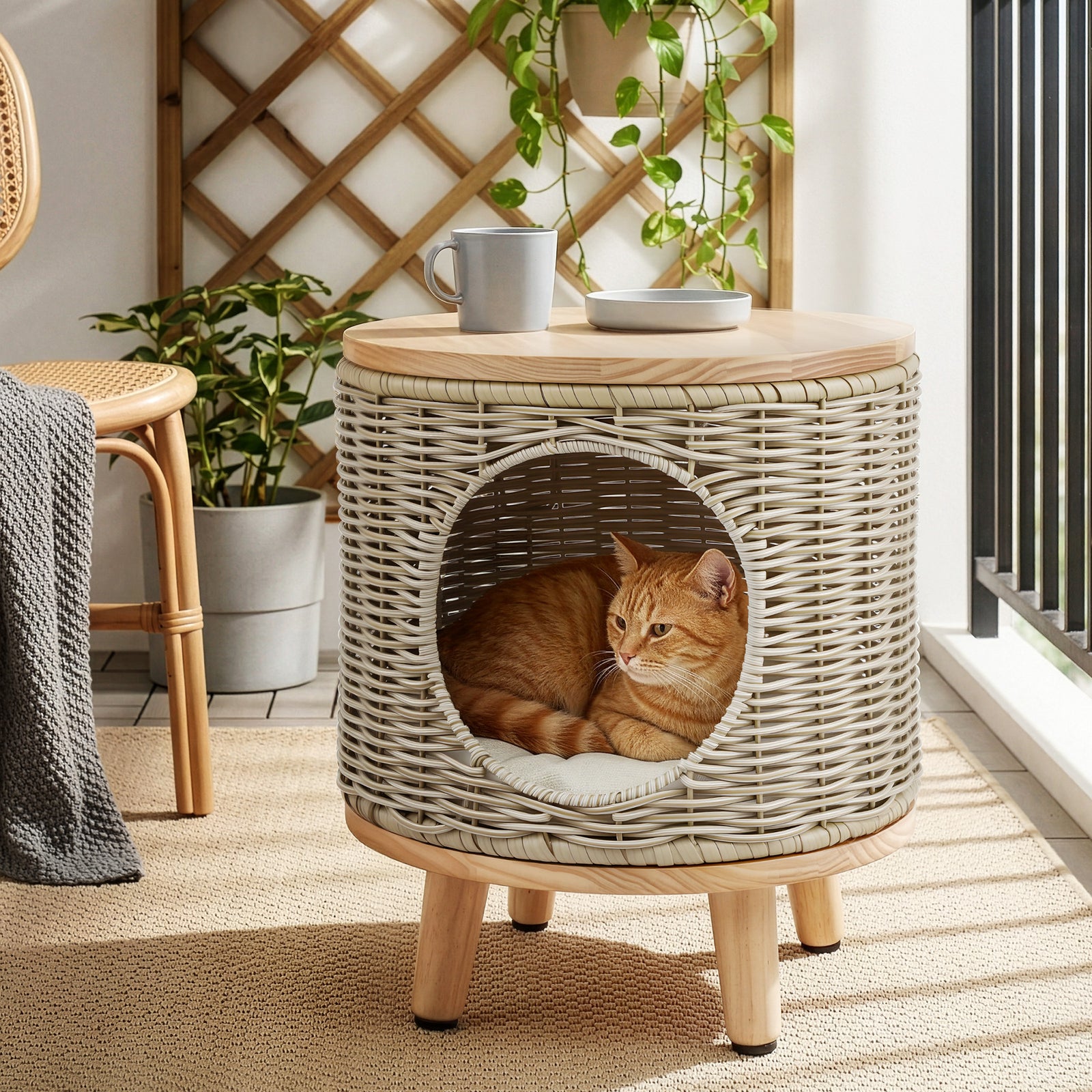 Outdoor Coffee Table | Wicker Side Table with Pet Bed Storage