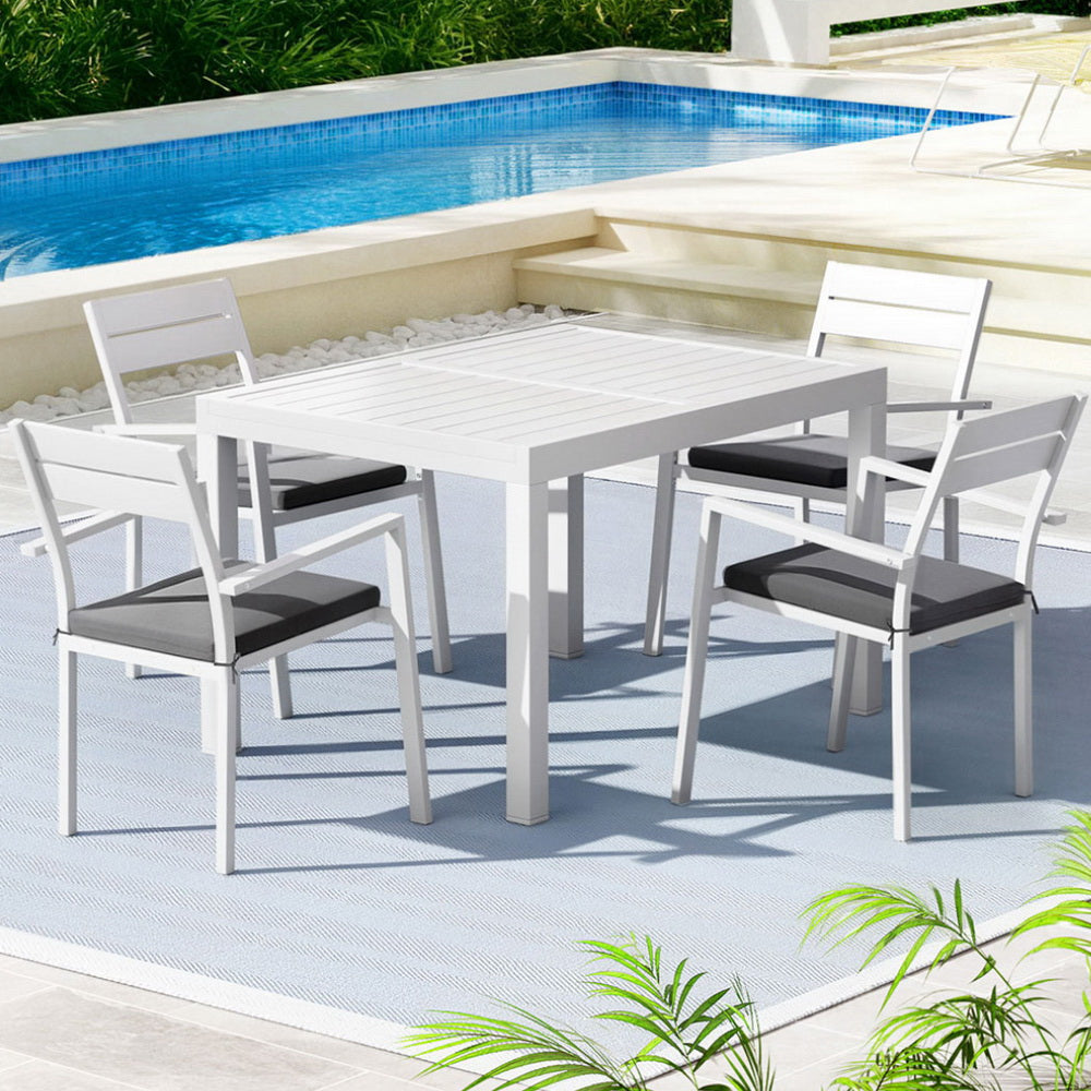 Gardeon Outdoor Dining Set | 5PCS | Aluminium Extendable Table + Chairs | White