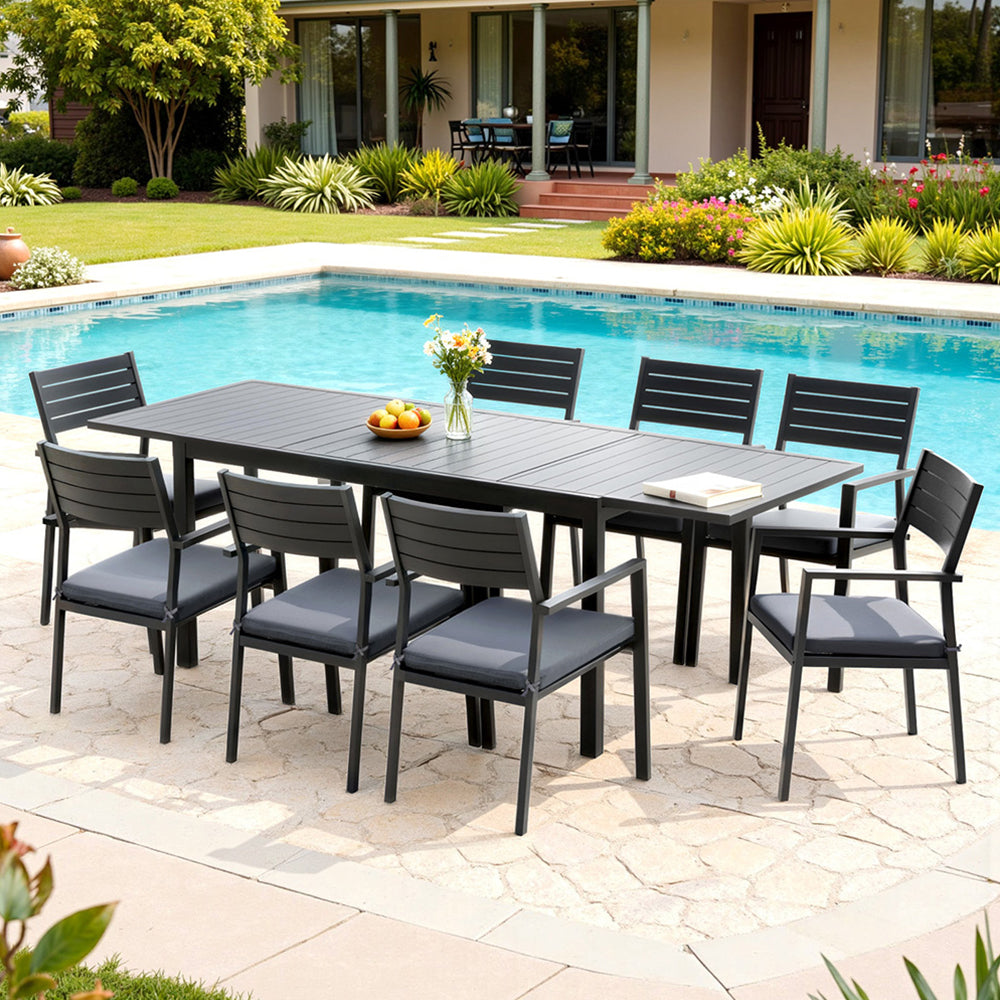 Outdoor Dining Set 9pc | Aluminium Extendable Table + Chairs | Patio Furniture