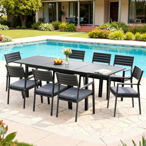 Outdoor Dining Set 9pc | Aluminium Extendable Table + Chairs | Patio Furniture