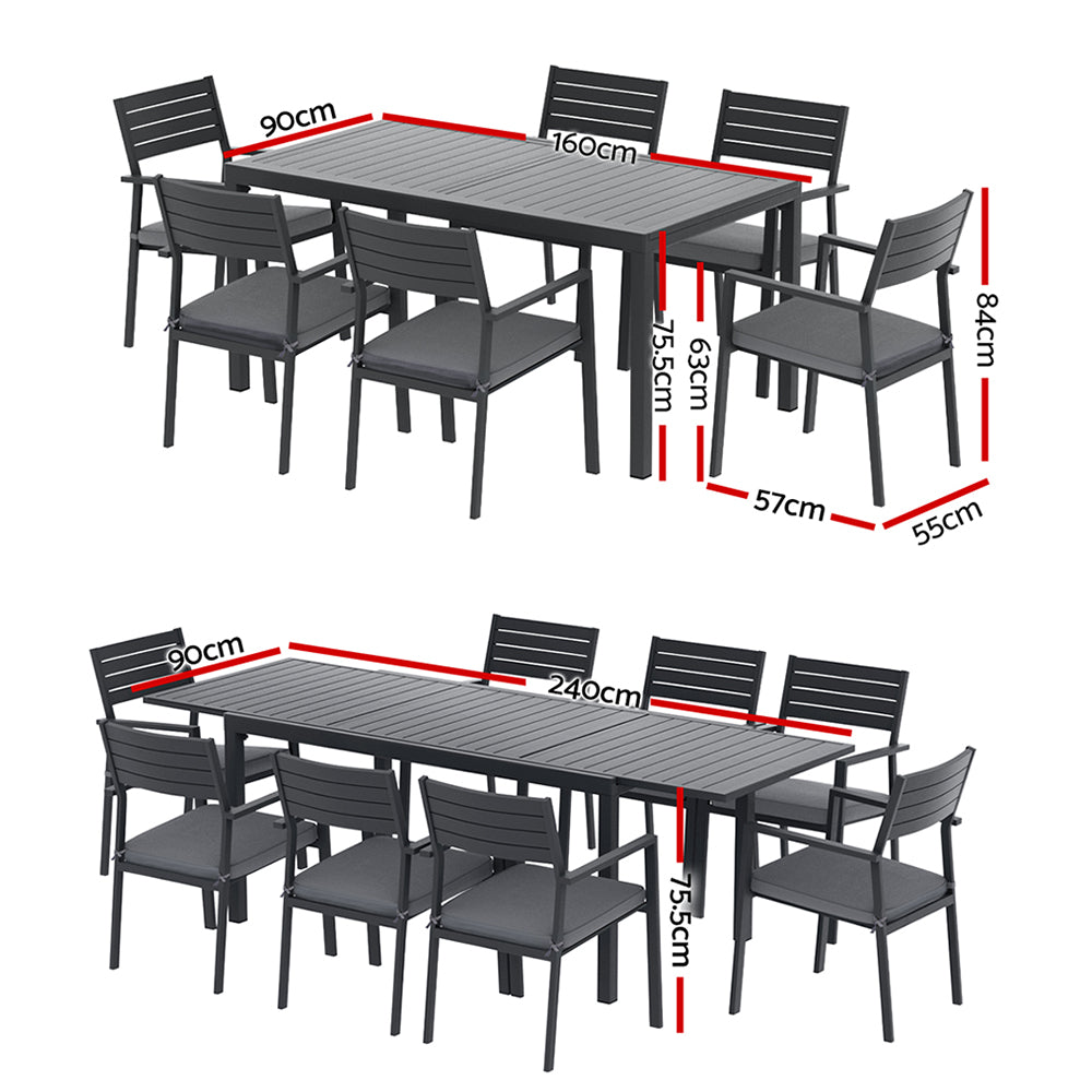 Outdoor Dining Set 9pc | Aluminium Extendable Table + Chairs | Patio Furniture