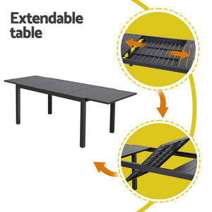 Outdoor Dining Set 9pc | Aluminium Extendable Table + Chairs | Patio Furniture