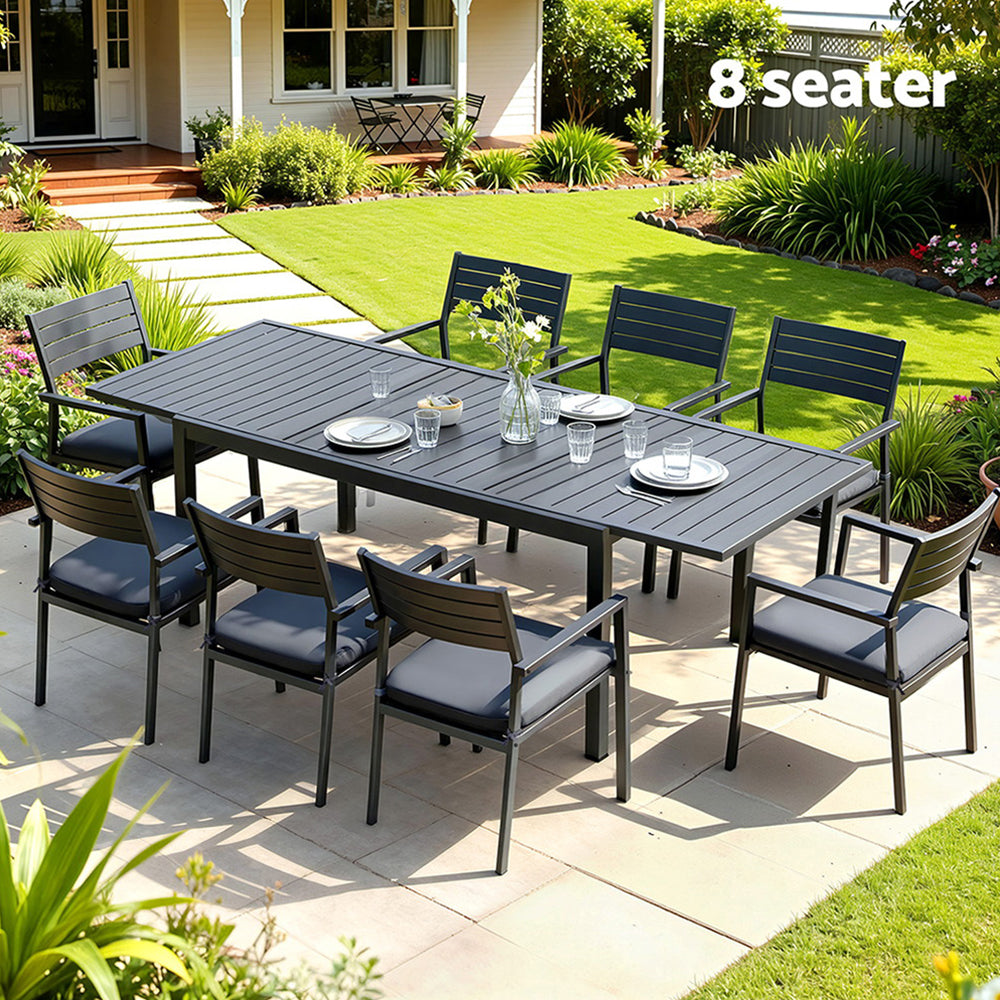 Outdoor Dining Set 9pc | Aluminium Extendable Table + Chairs | Patio Furniture