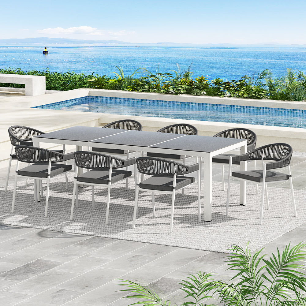 Outdoor Dining Set | 9 Piece | Steel Table Chairs | Setting White