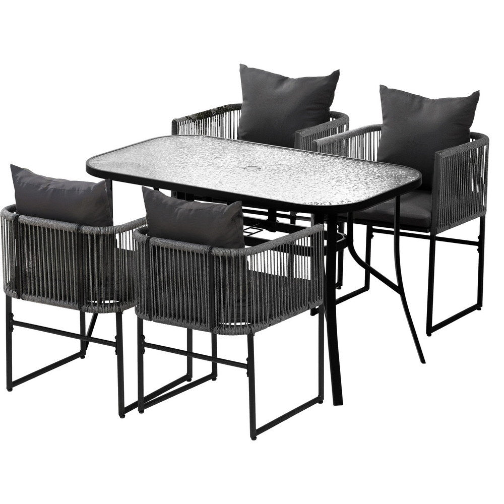 Outdoor Rope Dining Set 5pc | Table + 4 Chairs | Patio | Black