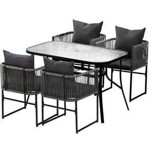 Outdoor Rope Dining Set 5pc | Table + 4 Chairs | Patio | Black