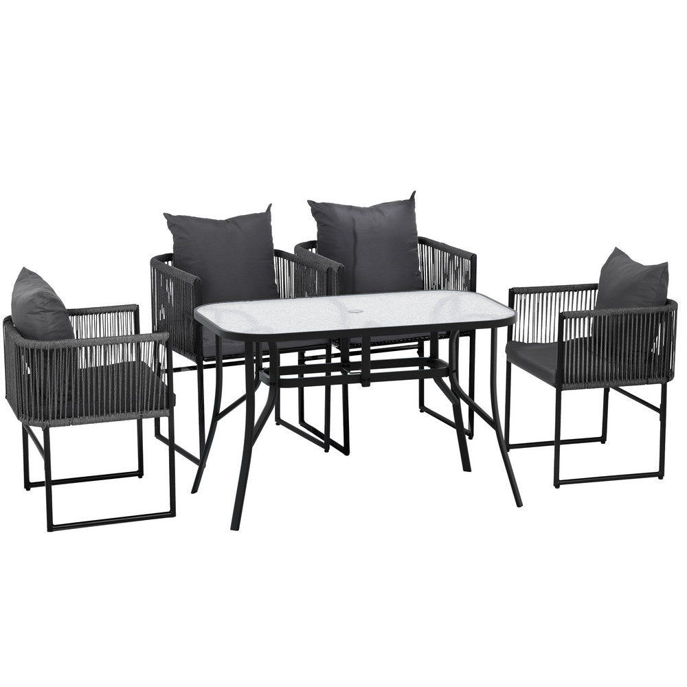 Outdoor Rope Dining Set 5pc | Table + 4 Chairs | Patio | Black