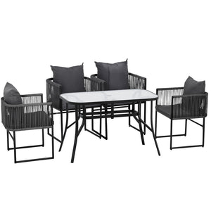 Outdoor Rope Dining Set 5pc | Table + 4 Chairs | Patio | Black