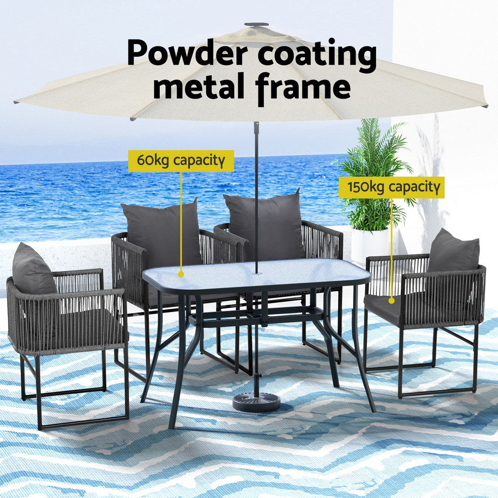 Outdoor Rope Dining Set 5pc | Table + 4 Chairs | Patio | Black