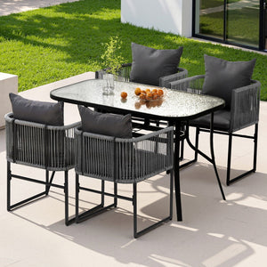 Outdoor Rope Dining Set 5pc | Table + 4 Chairs | Patio | Black