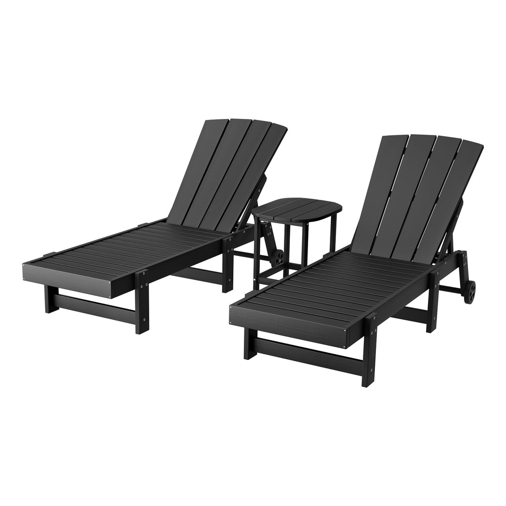 Sun Lounge Set | Lounger Table & Chairs | HDPE Patio Furniture with Wheels | Black