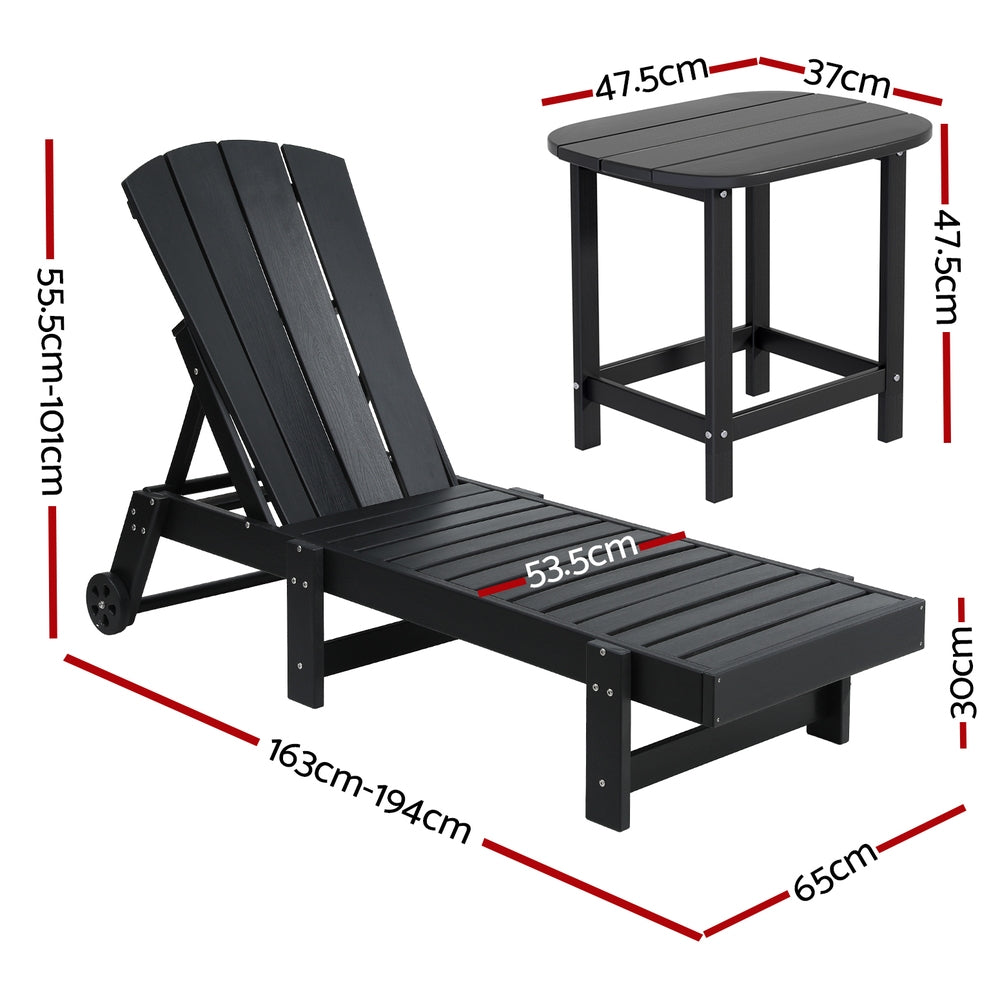 Sun Lounge Set | Lounger Table & Chairs | HDPE Patio Furniture with Wheels | Black