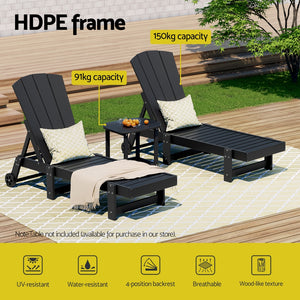 Sun Lounge Set | Lounger Table & Chairs | HDPE Patio Furniture with Wheels | Black
