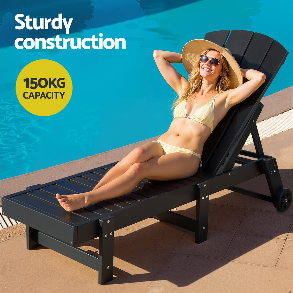 Sun Lounge Set | Lounger Table & Chairs | HDPE Patio Furniture with Wheels | Black