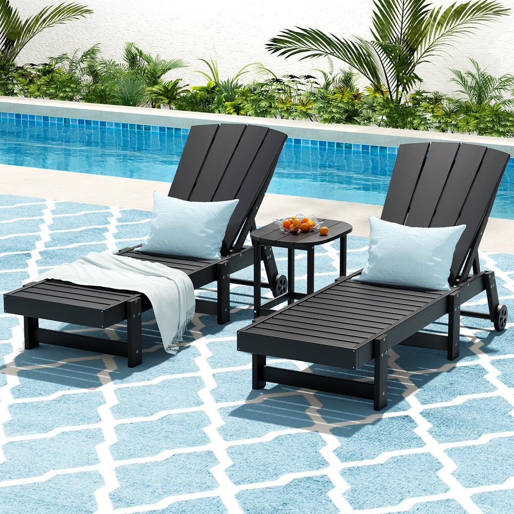 Sun Lounge Set | Lounger Table & Chairs | HDPE Patio Furniture with Wheels | Black