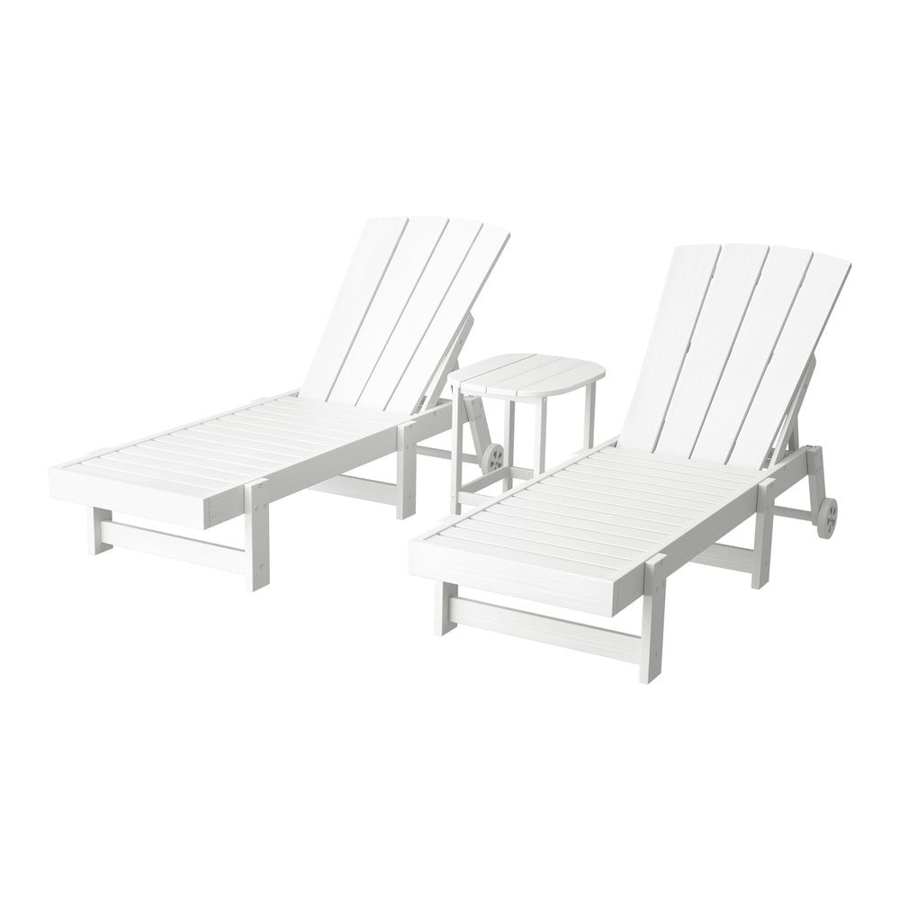 Sun Lounge Set | Lounger Table & Chairs | HDPE Adirondack Patio Furniture with Wheels | White