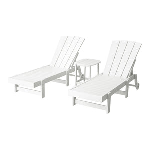 Sun Lounge Set | Lounger Table & Chairs | HDPE Adirondack Patio Furniture with Wheels | White