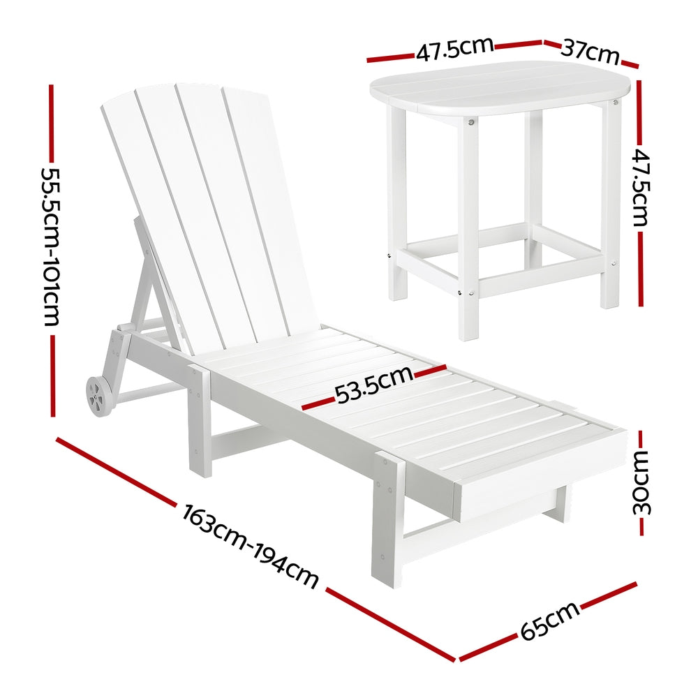Sun Lounge Set | Lounger Table & Chairs | HDPE Adirondack Patio Furniture with Wheels | White