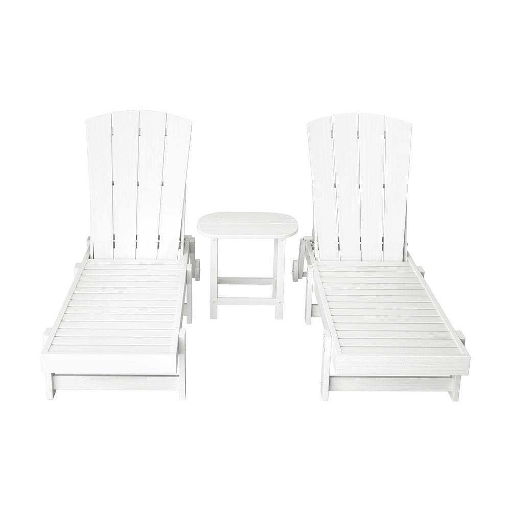 Sun Lounge Set | Lounger Table & Chairs | HDPE Adirondack Patio Furniture with Wheels | White