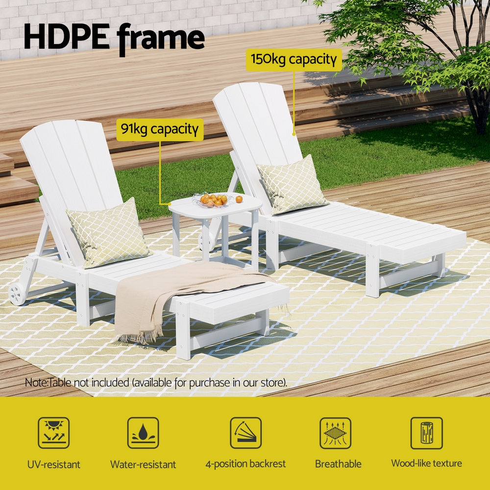Sun Lounge Set | Lounger Table & Chairs | HDPE Adirondack Patio Furniture with Wheels | White