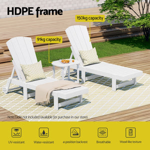Sun Lounge Set | Lounger Table & Chairs | HDPE Adirondack Patio Furniture with Wheels | White
