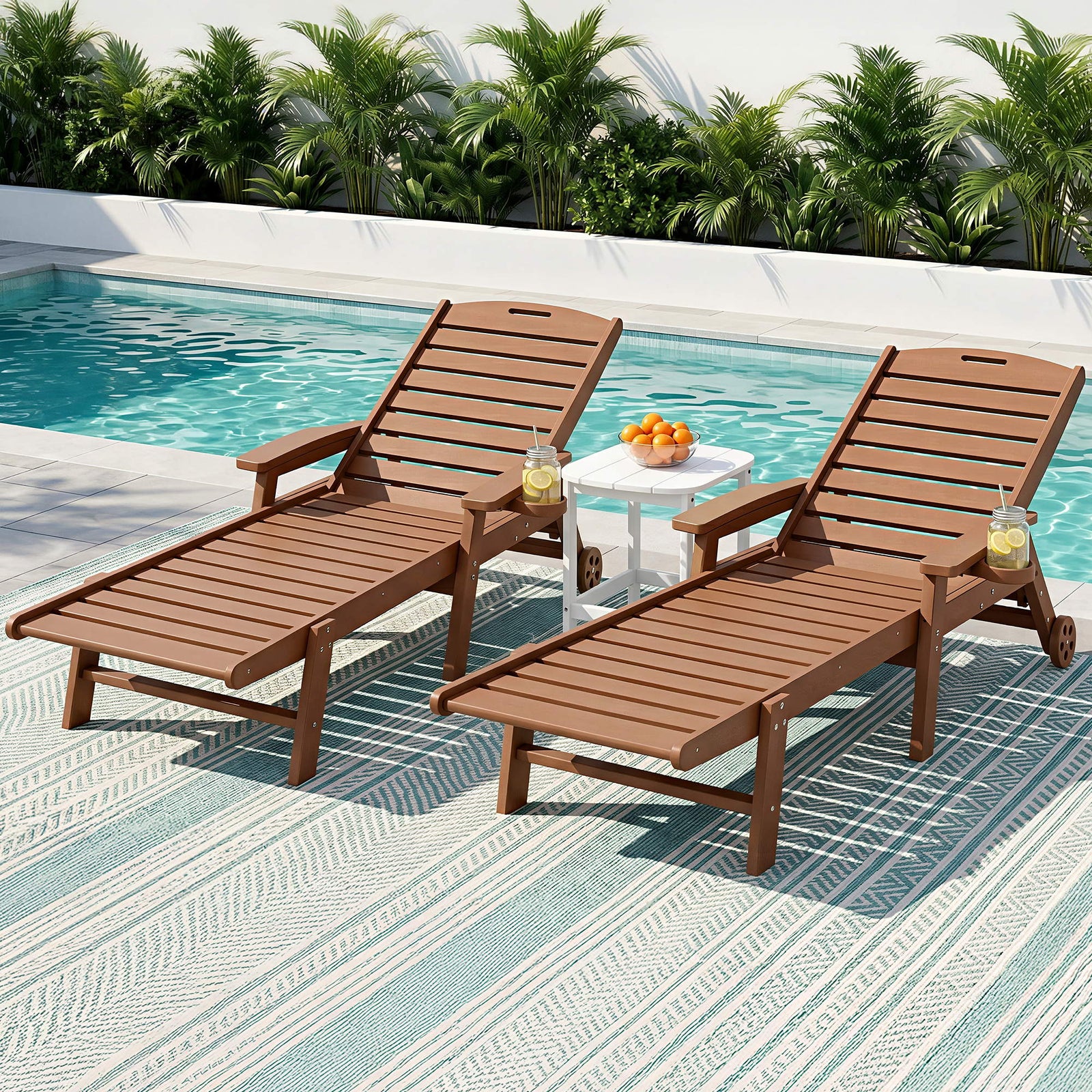 Outdoor Sun Lounger Set | HDPE Beach Chair, Table & Chairs | Brown