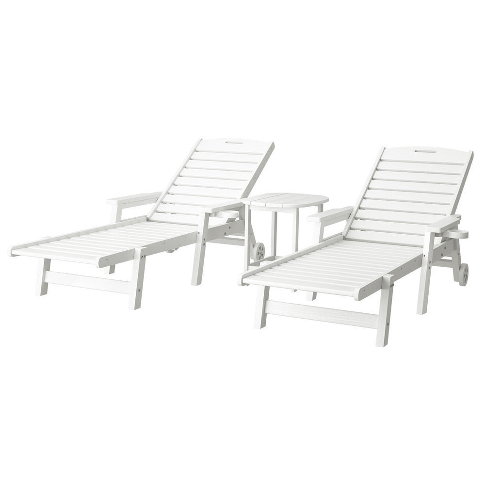 Sun Lounge Chair | HDPE Outdoor Beach Lounger | Patio Furniture with Wheels | White