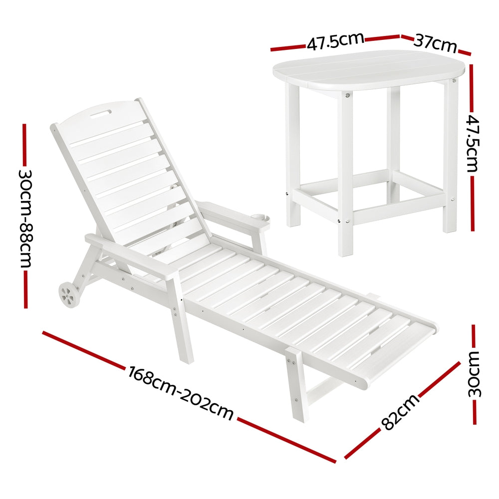 Sun Lounge Chair | HDPE Outdoor Beach Lounger | Patio Furniture with Wheels | White