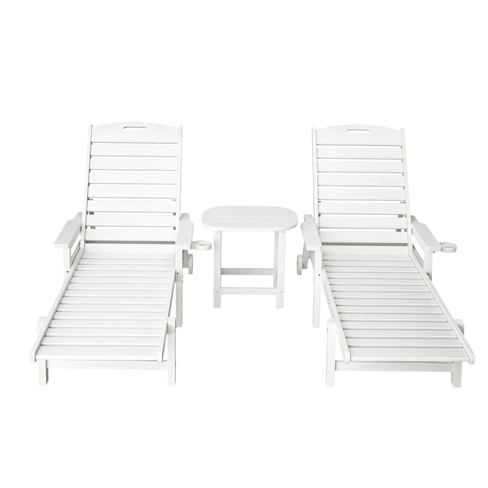 Sun Lounge Chair | HDPE Outdoor Beach Lounger | Patio Furniture with Wheels | White