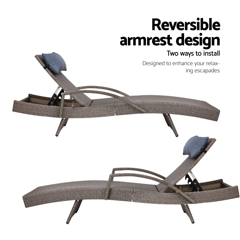 2x Sun Lounge | Wicker Lounger | Outdoor Furniture | Beach Armchair | Adjustable | Grey & Beige