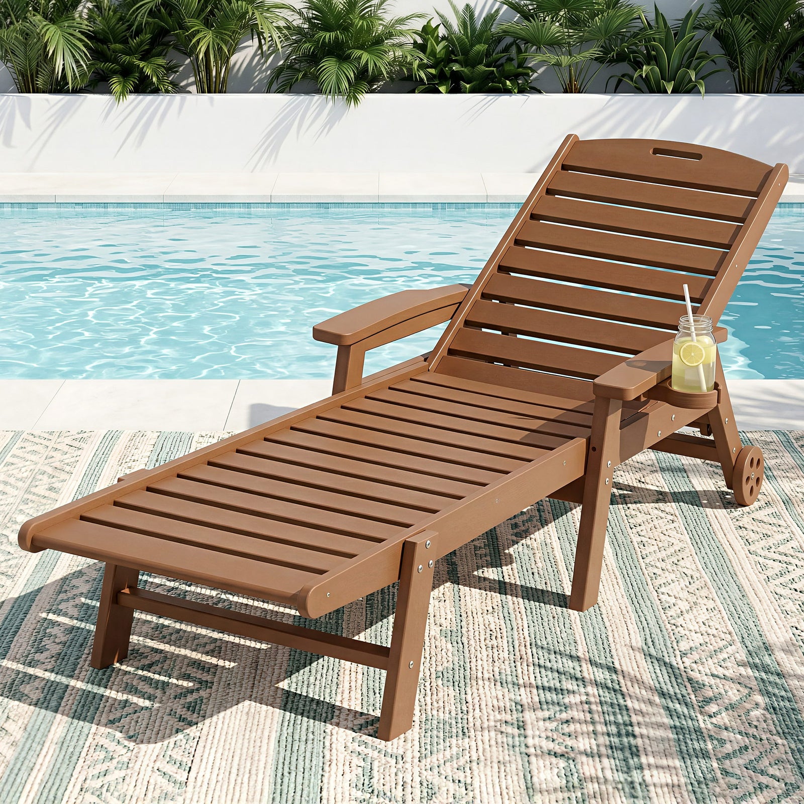 Outdoor Sun Lounger | HDPE Beach Chair with Wheels | Brown
