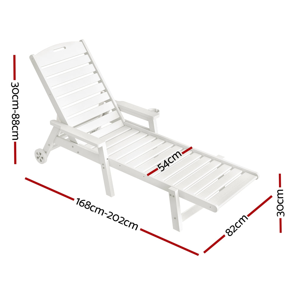Sun Lounge Chair | HDPE Outdoor Beach Lounger | Patio Furniture with Wheels | White