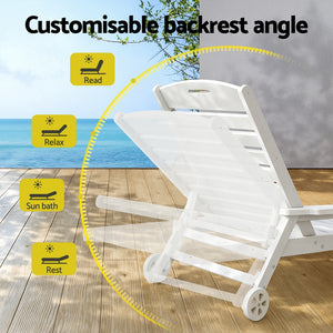 Sun Lounge Chair | HDPE Outdoor Beach Lounger | Patio Furniture with Wheels | White