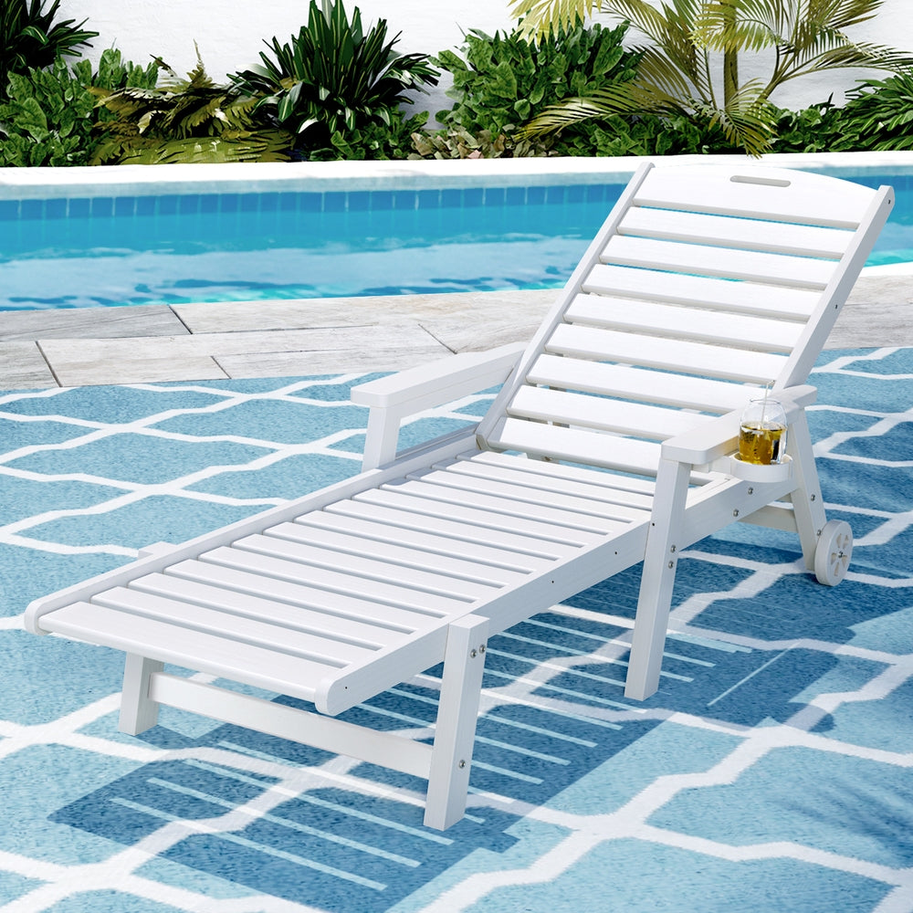 Sun Lounge Chair | HDPE Outdoor Beach Lounger | Patio Furniture with Wheels | White