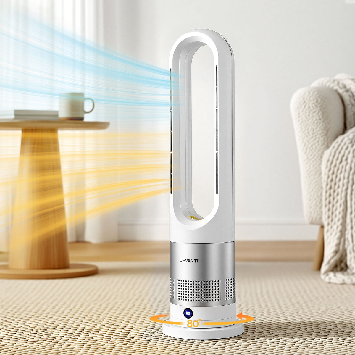 Bladeless Tower Fan Heater | 2-in-1 Cooling & Heating | Oscillating | White